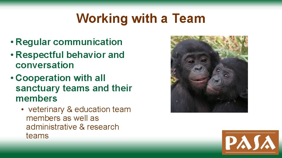 Working with a Team • Regular communication • Respectful behavior and conversation • Cooperation