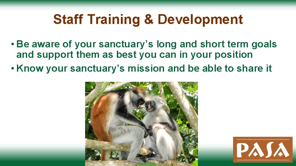 Staff Training & Development • Be aware of your sanctuary’s long and short term