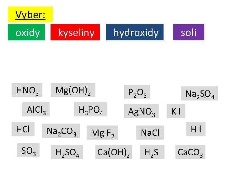 Vyber: oxidy kyseliny HNO 3 Mg(OH)2 Al. Cl 3 HCl SO 3 hydroxidy P