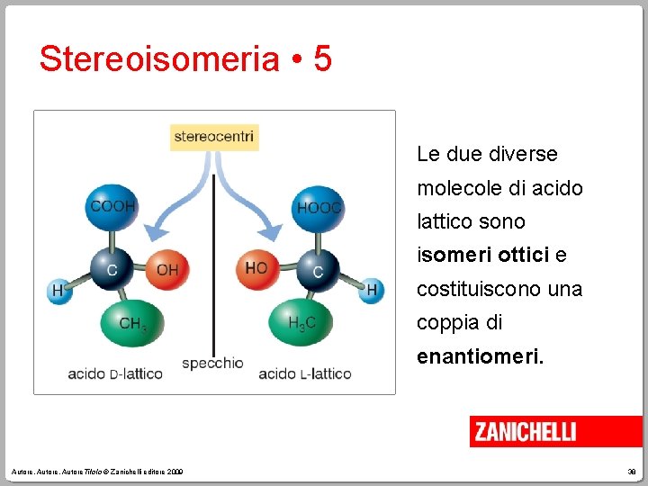 Stereoisomeria • 5 Le due diverse molecole di acido lattico sono isomeri ottici e