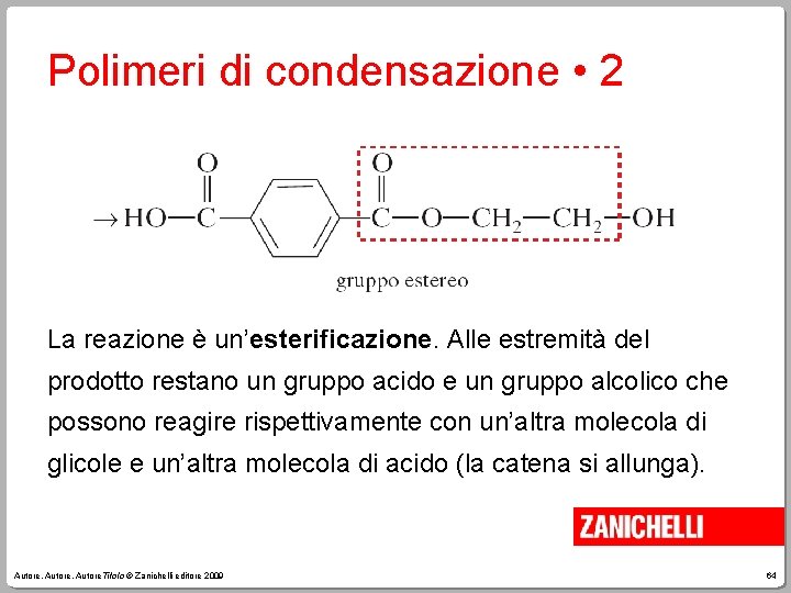 Polimeri di condensazione • 2 La reazione è un’esterificazione. Alle estremità del prodotto restano