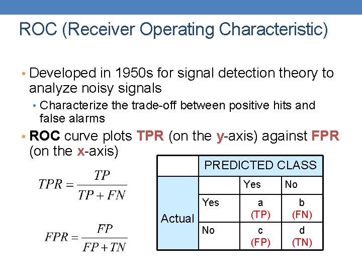 ROC (Receiver Operating Characteristic) • Developed in 1950 s for signal detection theory to