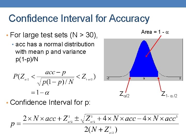 Confidence Interval for Accuracy Area = 1 - • For large test sets (N