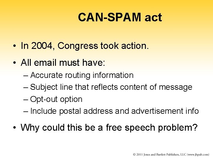 CAN-SPAM act • In 2004, Congress took action. • All email must have: –