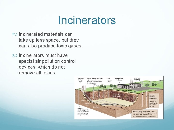 Incinerators Incinerated materials can take up less space, but they can also produce toxic