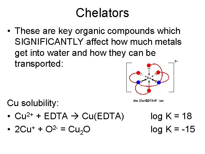 Chelators • These are key organic compounds which SIGNIFICANTLY affect how much metals get