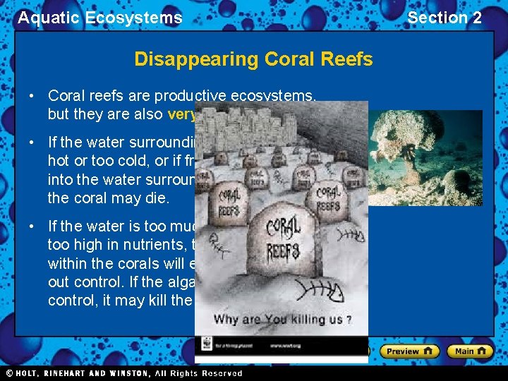 Aquatic Ecosystems Disappearing Coral Reefs • Coral reefs are productive ecosystems, but they are