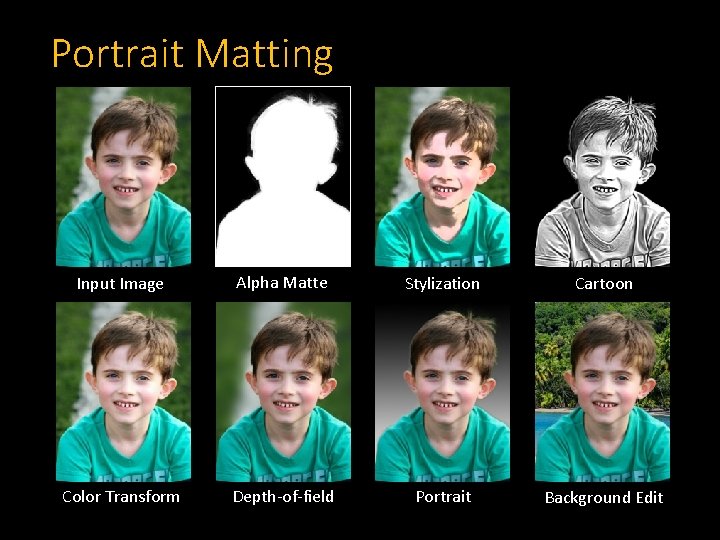 Portrait Matting Input Image Alpha Matte Stylization Cartoon Color Transform Depth-of-field Portrait Background Edit