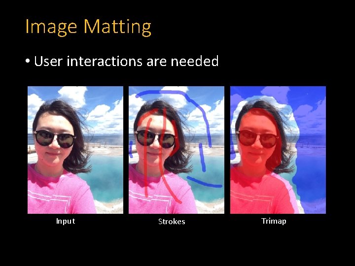 Image Matting • User interactions are needed Input Strokes Trimap 