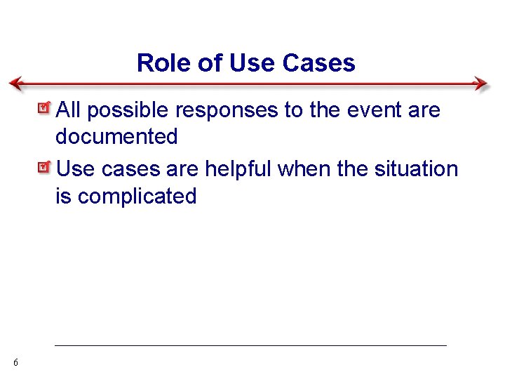 Role of Use Cases All possible responses to the event are documented Use cases