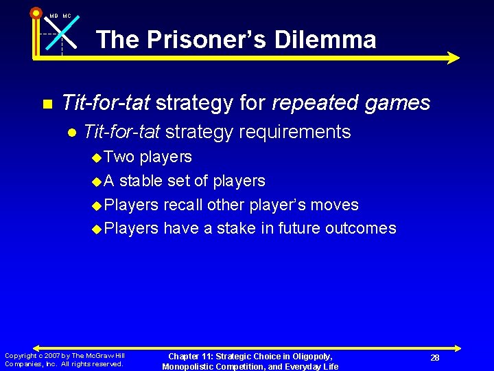 MB MC The Prisoner’s Dilemma n Tit-for-tat strategy for repeated games l Tit-for-tat strategy