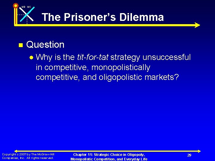 MB MC The Prisoner’s Dilemma n Question l Why is the tit-for-tat strategy unsuccessful