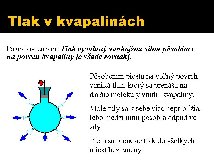 Tlak v kvapalinách Pascalov zákon: Tlak vyvolaný vonkajšou silou pôsobiaci na povrch kvapaliny je