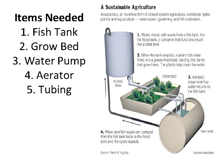 Items Needed 1. Fish Tank 2. Grow Bed 3. Water Pump 4. Aerator 5. Items Needed 1. Fish Tank 2. Grow Bed 3. Water Pump 4. Aerator 5.