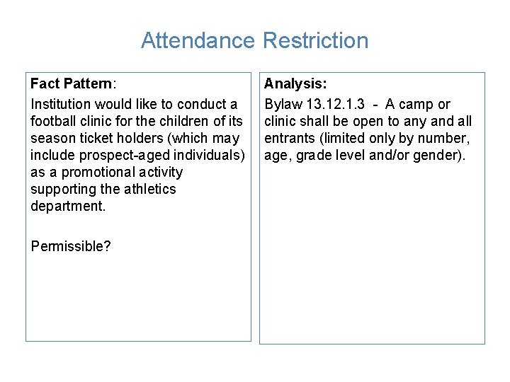 Attendance Restriction Fact Pattern: Institution would like to conduct a football clinic for the Attendance Restriction Fact Pattern: Institution would like to conduct a football clinic for the