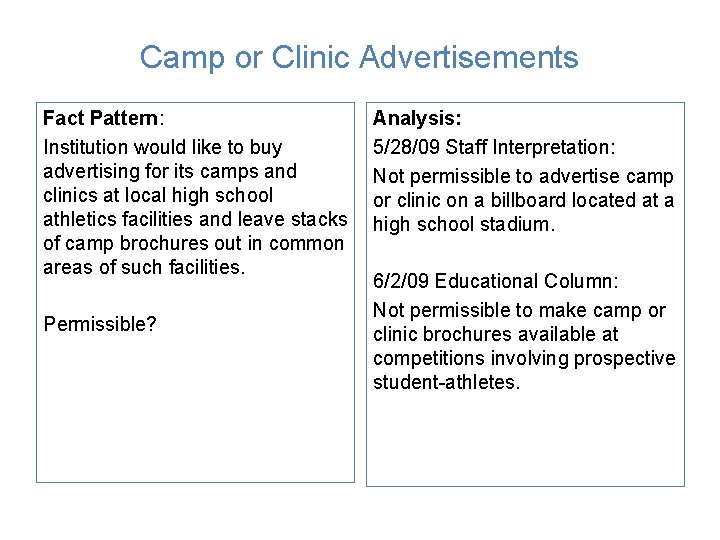 Camp or Clinic Advertisements Fact Pattern: Institution would like to buy advertising for its Camp or Clinic Advertisements Fact Pattern: Institution would like to buy advertising for its