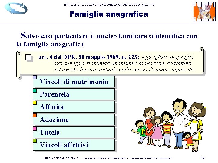 INDICAZIONE DELLA SITUAZIONE ECONOMICA EQUIVALENTE Famiglia anagrafica Salvo casi particolari, il nucleo familiare si