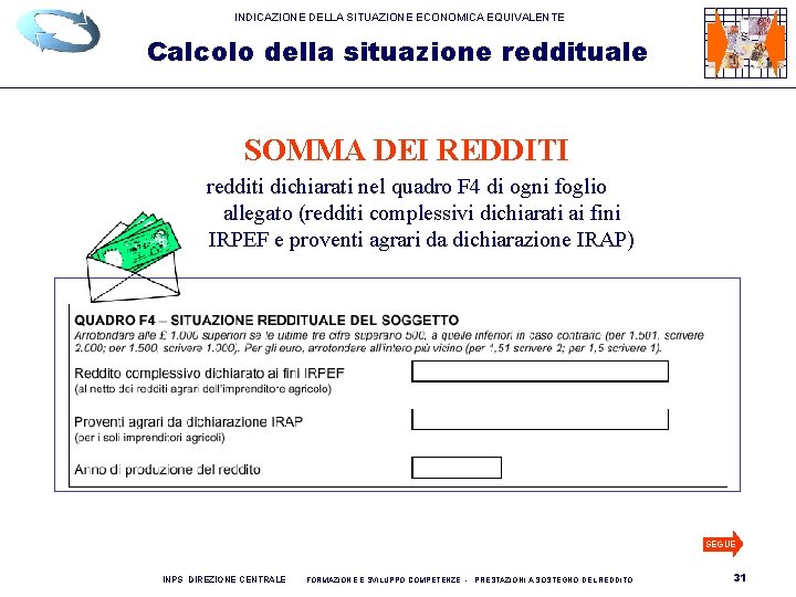 INDICAZIONE DELLA SITUAZIONE ECONOMICA EQUIVALENTE Calcolo della situazione reddituale SOMMA DEI REDDITI redditi dichiarati