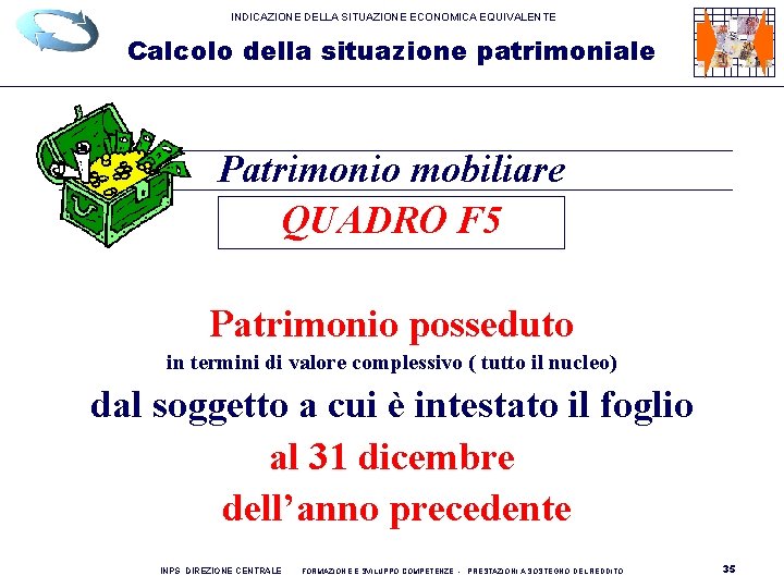 INDICAZIONE DELLA SITUAZIONE ECONOMICA EQUIVALENTE Calcolo della situazione patrimoniale Patrimonio mobiliare QUADRO F 5