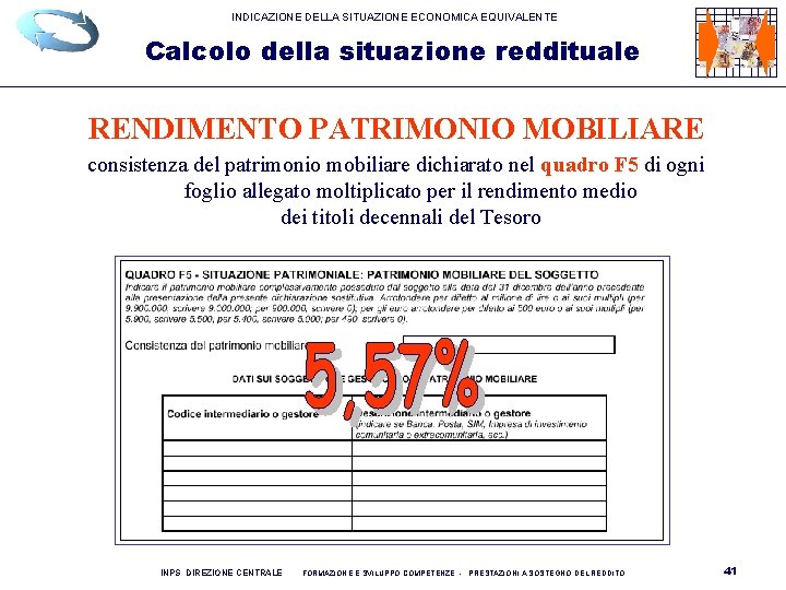 INDICAZIONE DELLA SITUAZIONE ECONOMICA EQUIVALENTE Calcolo della situazione reddituale RENDIMENTO PATRIMONIO MOBILIARE consistenza del