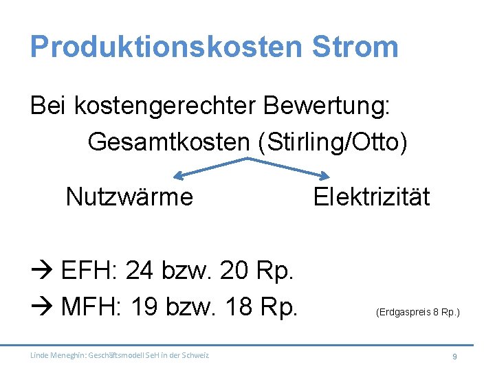 Produktionskosten Strom Bei kostengerechter Bewertung: Gesamtkosten (Stirling/Otto) Nutzwärme EFH: 24 bzw. 20 Rp. MFH: