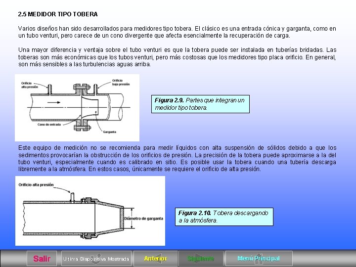 2. 5 MEDIDOR TIPO TOBERA Varios diseños han sido desarrollados para medidores tipo tobera.