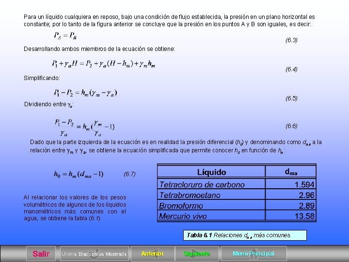 Para un líquido cualquiera en reposo, bajo una condición de flujo establecida, la presión