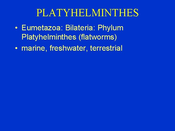 PLATYHELMINTHES • Eumetazoa: Bilateria: Phylum Platyhelminthes (flatworms) • marine, freshwater, terrestrial 