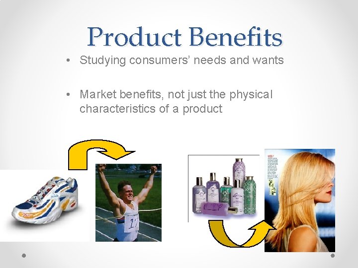 Product Benefits • Studying consumers’ needs and wants • Market benefits, not just the Product Benefits • Studying consumers’ needs and wants • Market benefits, not just the