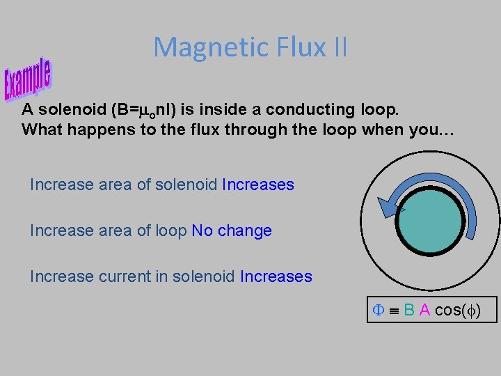 Magnetic Flux II A solenoid (B=mon. I) is inside a conducting loop. What happens