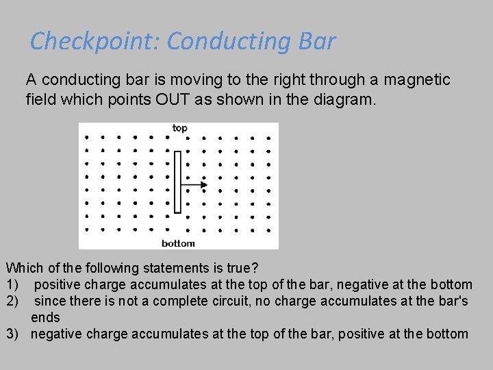 Checkpoint: Conducting Bar A conducting bar is moving to the right through a magnetic