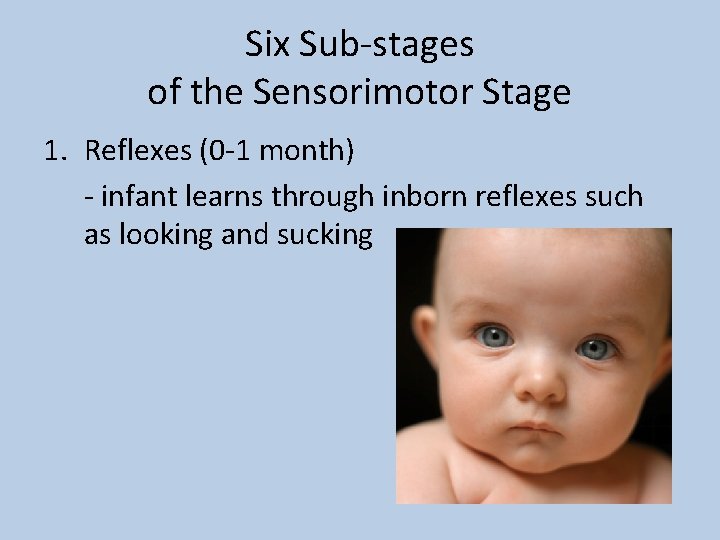 Six Sub-stages of the Sensorimotor Stage 1. Reflexes (0 -1 month) - infant learns