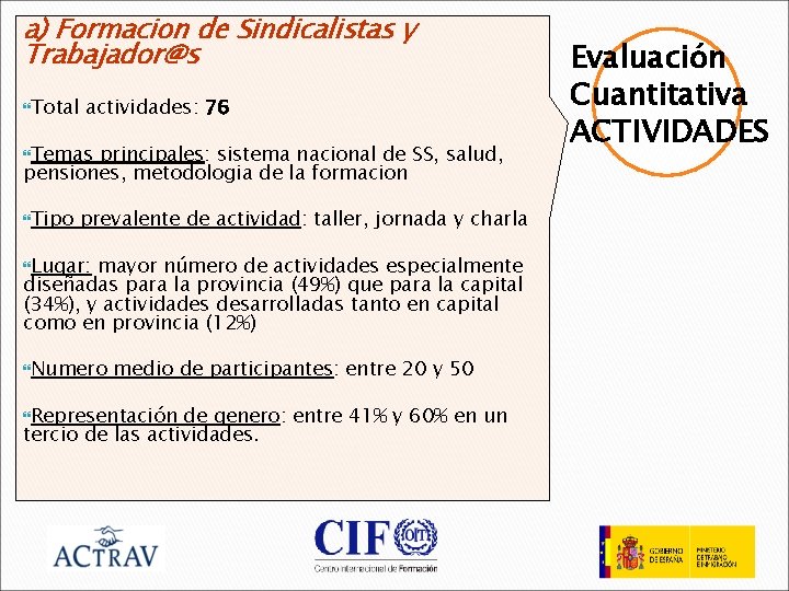 a) Formacion de Sindicalistas y Trabajador@s Total actividades: 76 Temas principales: sistema nacional de