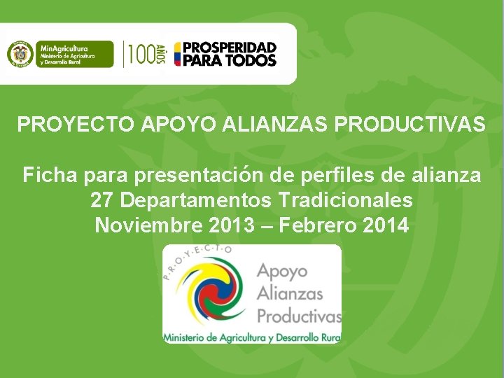 PROYECTO APOYO ALIANZAS PRODUCTIVAS Ficha para presentación de perfiles de alianza 27 Departamentos Tradicionales