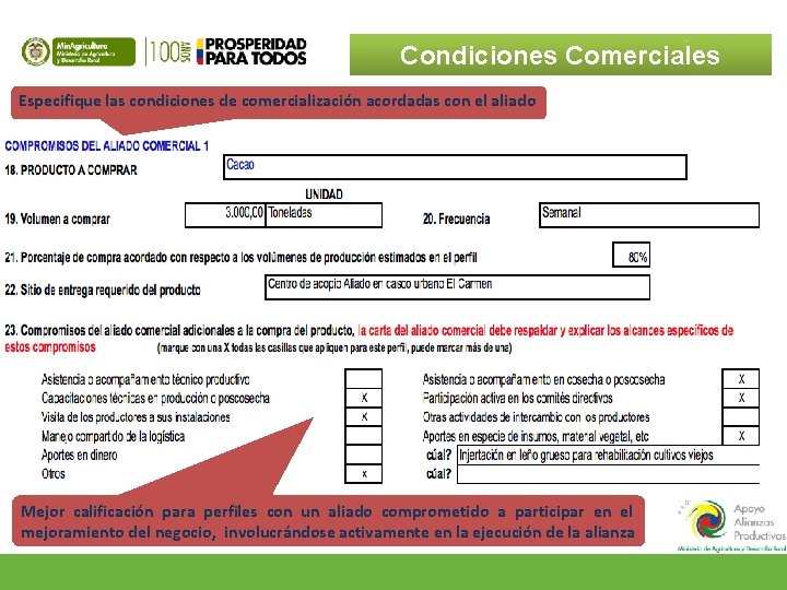 Condiciones Comerciales Especifique las condiciones de comercialización acordadas con el aliado Mejor calificación para