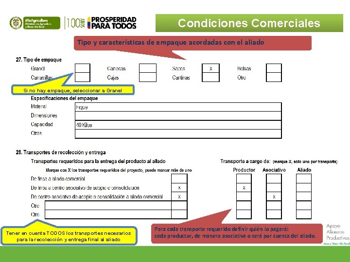 Condiciones Comerciales Tipo y características de empaque acordadas con el aliado Si no hay