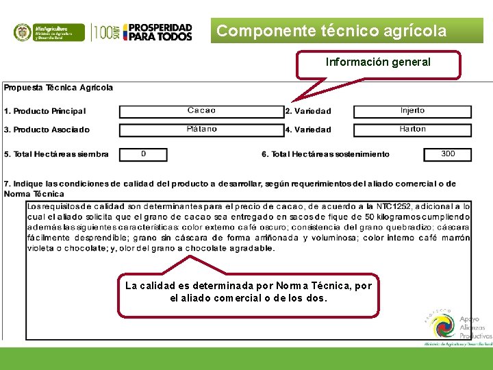 Componente técnico agrícola Información general La calidad es determinada por Norma Técnica, por el