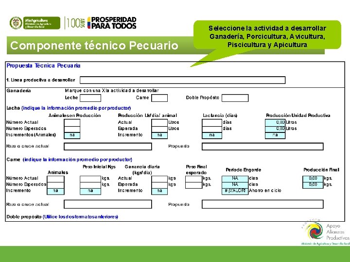 Componente técnico Pecuario Seleccione la actividad a desarrollar Ganadería, Porcicultura, Avicultura, Piscicultura y Apicultura