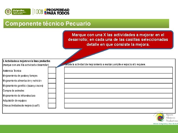 Componente técnico Pecuario Marque con una X las actividades a mejorar en el desarrollo;