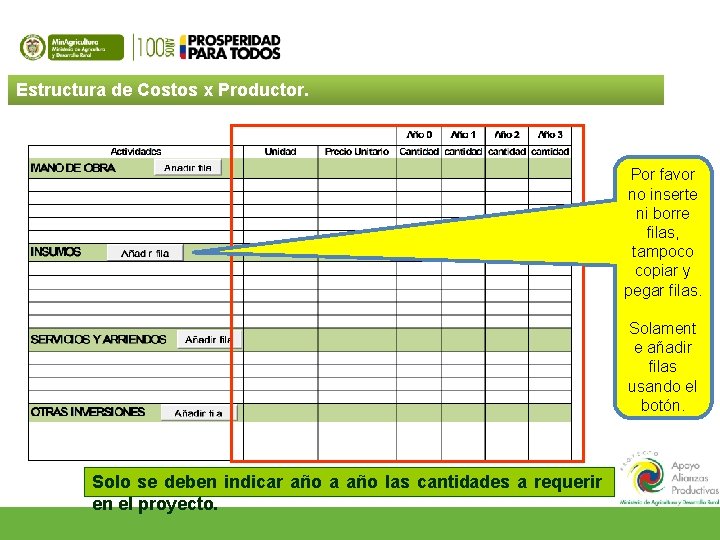 Estructura de Costos x Productor. Por favor no inserte ni borre filas, tampoco copiar