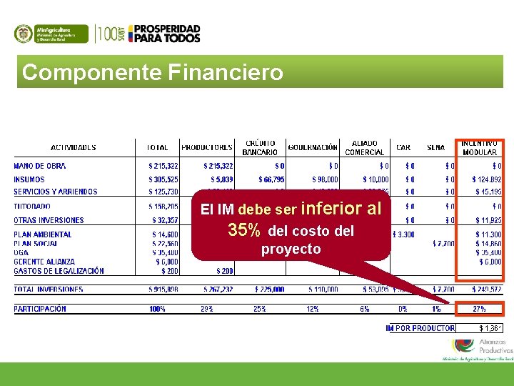 Componente Financiero El IM debe ser inferior 35% del costo del proyecto al 