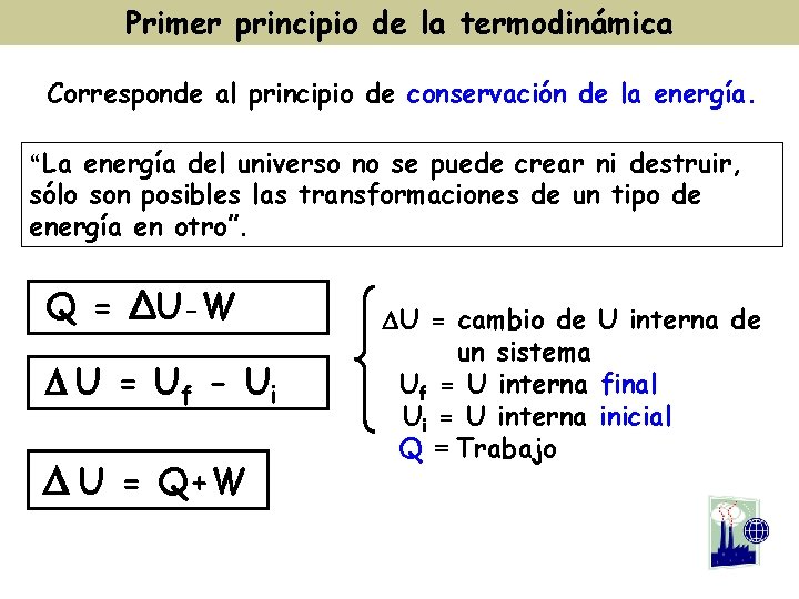 Primer principio de la termodinámica Corresponde al principio de conservación de la energía. “La