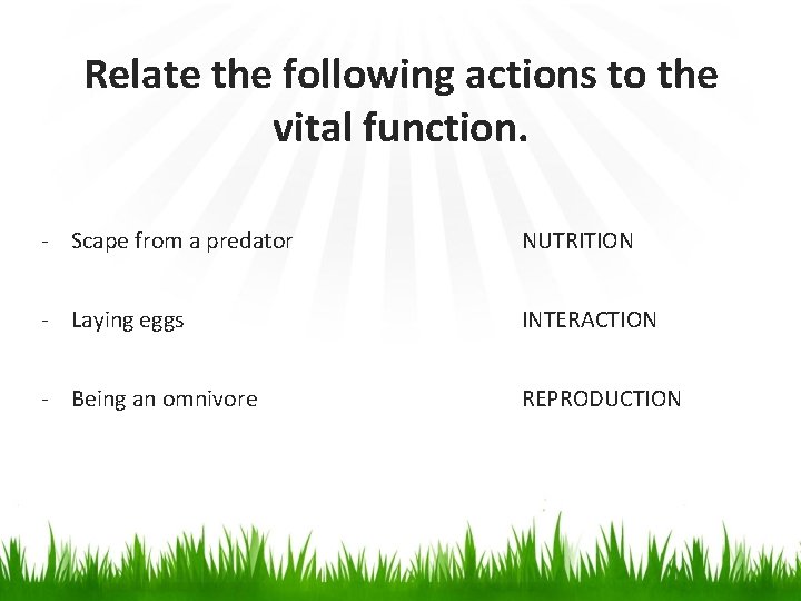 Relate the following actions to the vital function. - Scape from a predator NUTRITION
