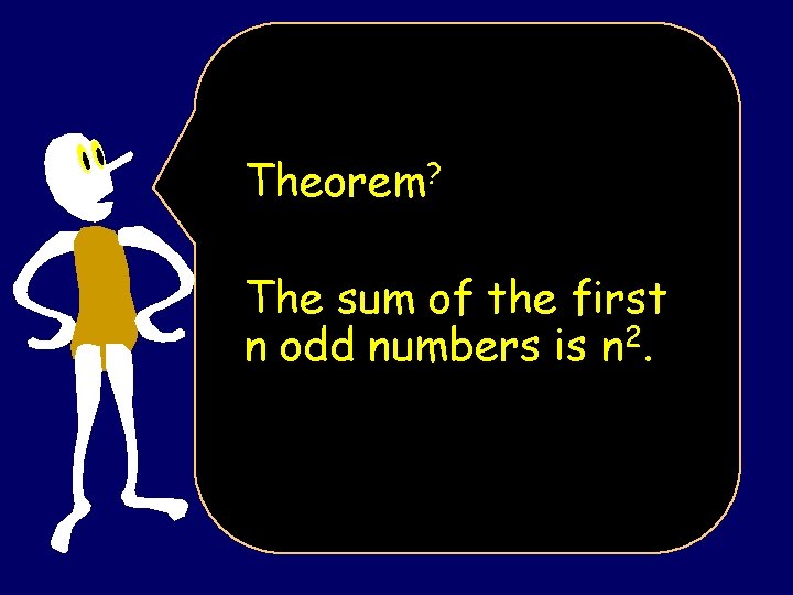 Theorem? The sum of the first n odd numbers is n 2. 