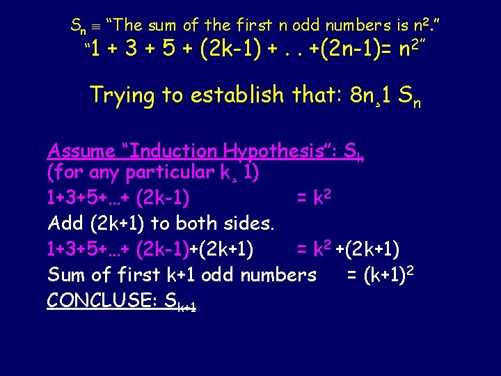 Sn “The sum of the first n odd numbers is n 2. ” “