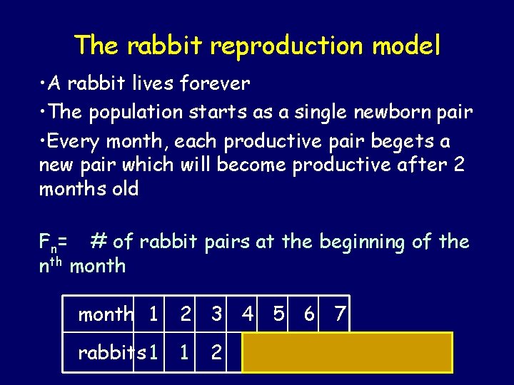 The rabbit reproduction model • A rabbit lives forever • The population starts as