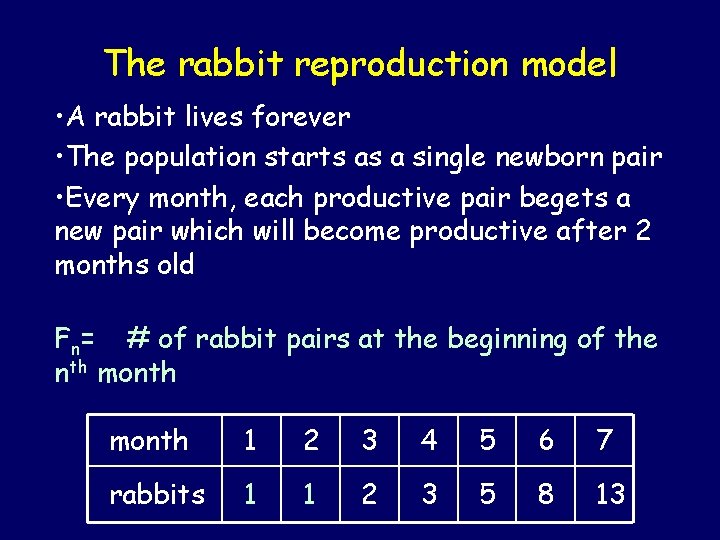 The rabbit reproduction model • A rabbit lives forever • The population starts as