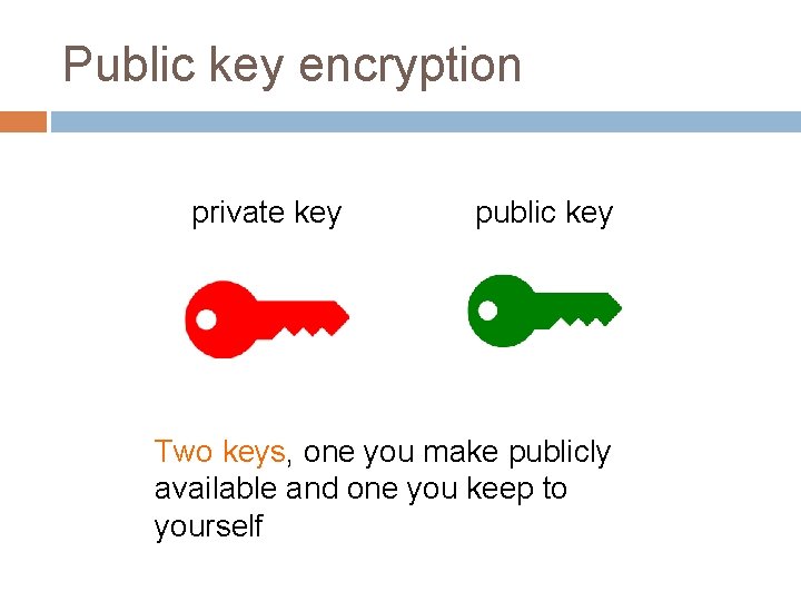 Public key encryption private key public key Two keys, one you make publicly available