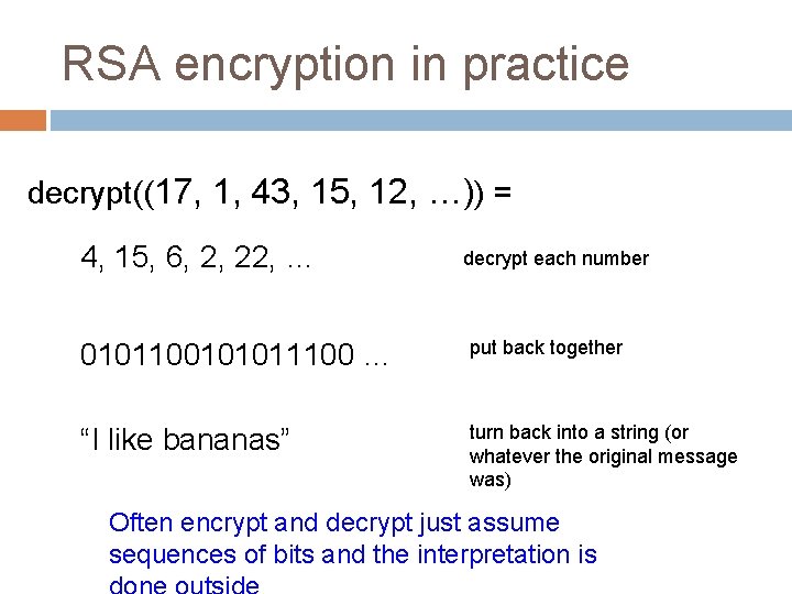 RSA encryption in practice decrypt((17, 1, 43, 15, 12, …)) = 4, 15, 6,