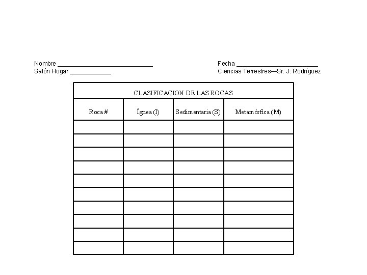 Nombre ______________ Salón Hogar ______ Fecha ____________ Ciencias Terrestres—Sr. J. Rodríguez CLASIFICACION DE LAS